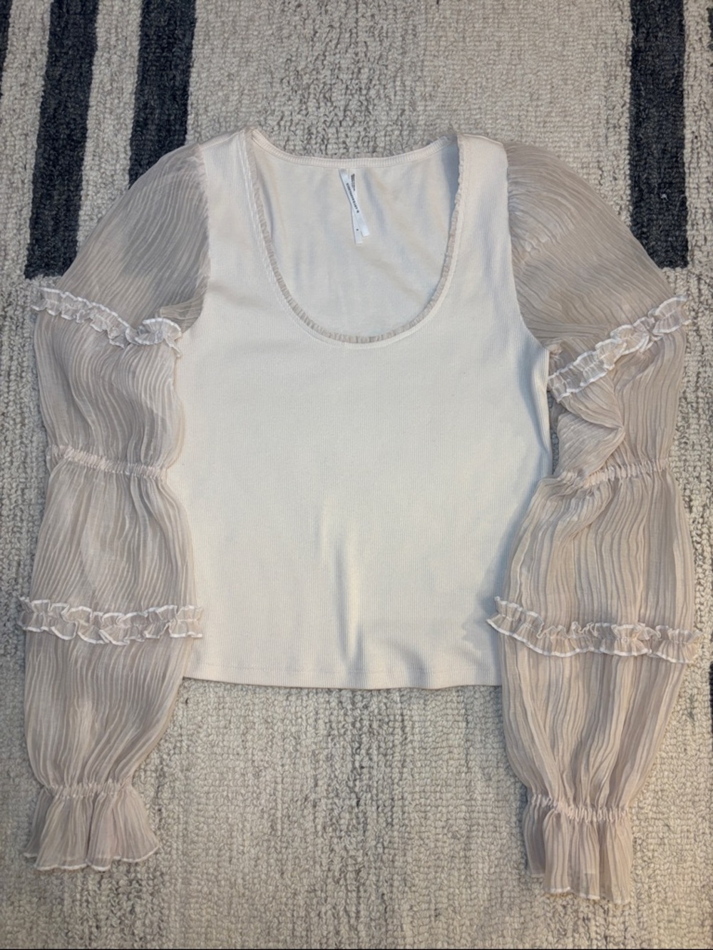 Anthropologie Cream Knit Crop Top with Sheer Ruffle Puff Sleeves NWOT - Picture 2 of 13